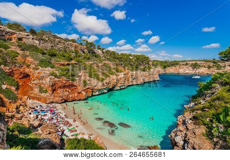 Beautiful Island Scenery, Idyllic Seaside Of Calo Des Moro Beach Bay On Majorca Spain