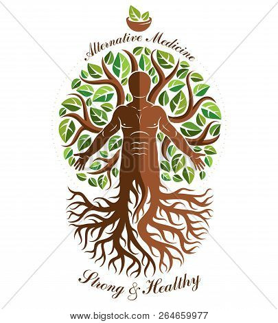 Vector Graphic Illustration Of Strong Male Depicted As Continuation Of Tree And Composed With Mortar