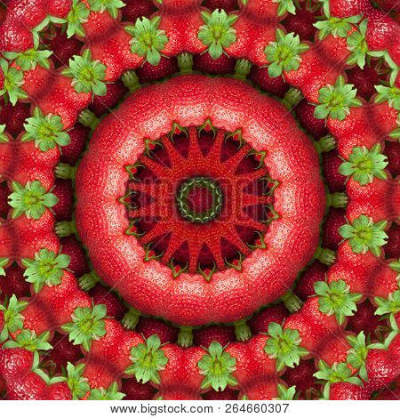 Red Fruit Background.  Fresh Ripe Red Strawberry With Green Leaves, Close-up, Full Frame, Macro
