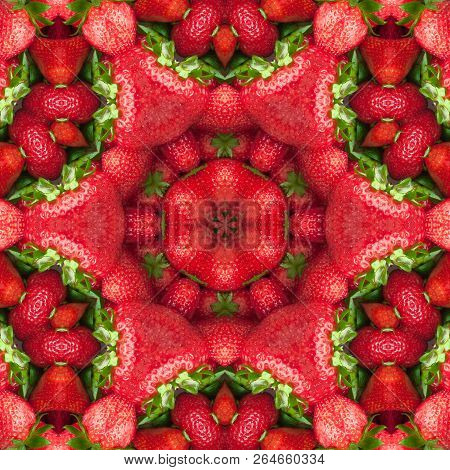 Red Fruit Background.  Fresh Ripe Red Strawberry With Green Leaves, Close-up, Full Frame, Macro