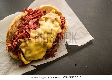 Kumru / New Yorker Sandwich  With Sausage, Ham And Melted Cheese. (fast Food Concept.)