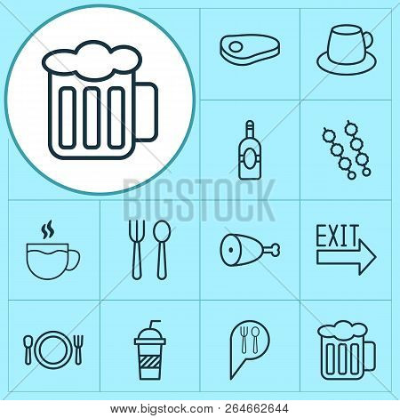 Restaurant Icons Set With Chicken Leg, Silverware, Soft Drink And Other Hooch Elements. Isolated Vec