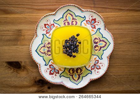 Turkish Traditional Dessert Zerde Pudding With Raisin.