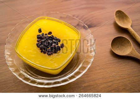 Turkish Traditional Dessert Zerde Pudding With Raisin.