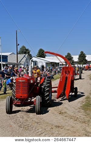 Pekin, North Dakota, September 2, 2018:  The Old Mccormick Deering   Tractor And Single Row Silage C