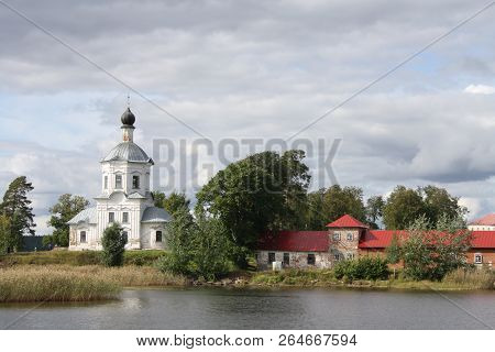 Russian Orthodox Chirch Near The Lake, Nilov Monastery Seen From Water In Russia, Seliger Lake, Tver