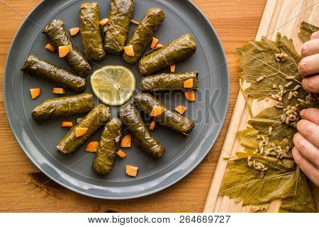 Zeytinyagli Yaprak Sarma / Stuffed Graped Leaves Wrapping With Hands.