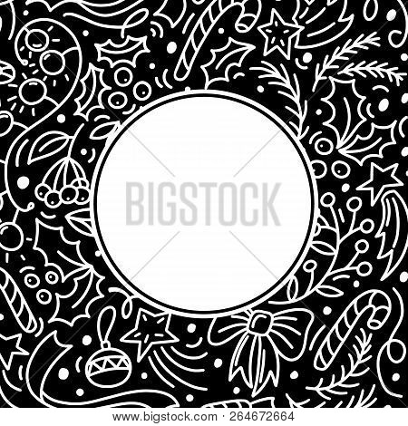 Cute Doodle Style Christmas Banner, Frame With Doodle Elements And Round Empty Place For Text, Vecto