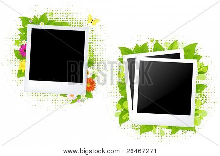 Foto en blanco con flores y hojas, aislado sobre fondo blanco, ilustración vectorial