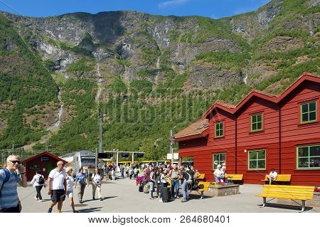 Flam, Norway - July 16, 2018: Breathtaking Norwegian Fjord And Mountain Landscapes On Norway In A Nu