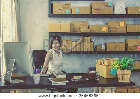 Young Asian Teenager Owner Business Woman Work At Home For Online Shopping, Writing The Order And Pr