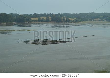 Views Of Castropol Bay With A Mussel Hatchery In The Center. August 2, 2018. Architecture, Nature, T