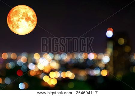 Super Full Blood Moon Colorful Of Blur Night Light Over City