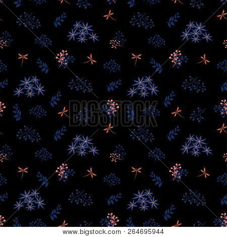 Monotone Seamless Pattern,blue Flowers With Dragonfly On Dark Background,design For Fashion,fabric,t