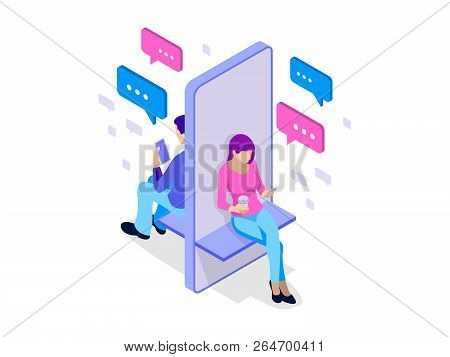 Isometric Woman And Man Typing On Mobile Smartphone. Live Chat. Sms Messages And Speech Bubbles. Sho