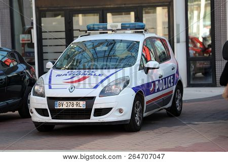 Paris, France - October 16, 2018: French Police Car Renault Scenic 3 Parked In Front Of The Police S