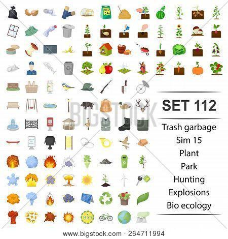 Vector Illustration Of Trash, Garbage, Plant, Park, Hunting Explosion Bio Ecology Icon Set.