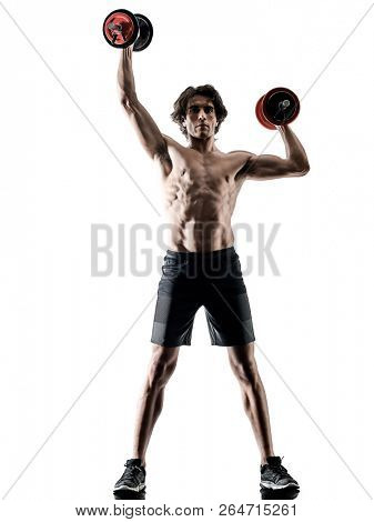 one caucasian man fitness weitghs training exercises  studio in silhouette isolated on white background