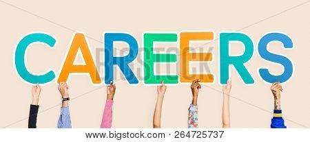 Hands holding up colorful letters forming the word careers
