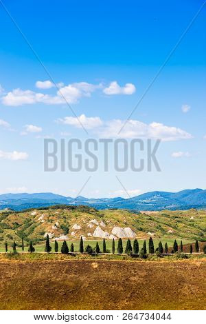 Road And Cypresses On A Hill Near Asciano In Crete Senesi, Tuscany, Italy