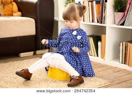 Cute Little Girl Sit On Her Chamber Pot Do Caca Playing With Cellphone Portrait
