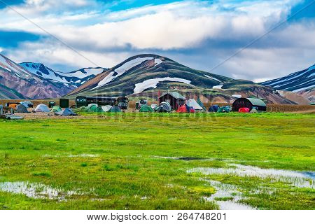 Beautiful View Of Tents And Camping At The Landmannalaugar In Central Highlands Of Iceland