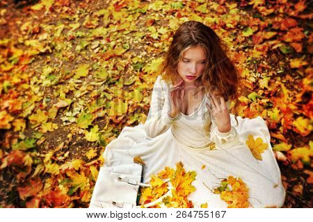 Femininity trend at autumn fashion lace dress with long sleeve below knee in princess style. Top view of woman dramatic look sitting on fall leaves in city park outdoor.