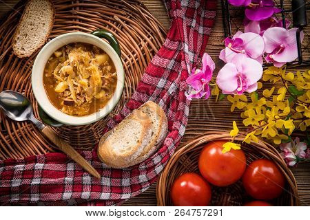 Traditional Russian Sour Cabbage Soup.