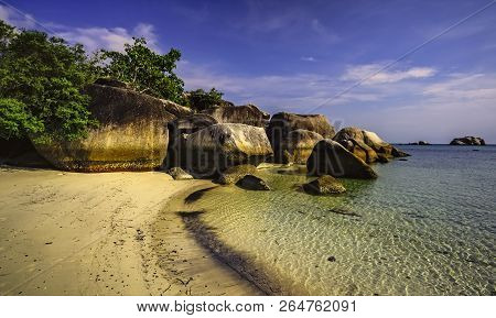 View Of A Group Of Big Stones On The Tanjung Tinggi Beach From Island Belitung/indonesia/