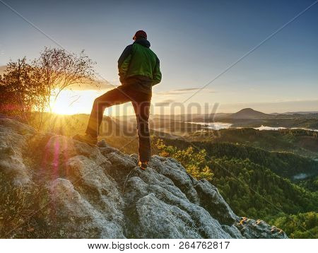 Man Walking On The Edge Of A Cliff At Summit. Hrensko Range,  Czech Republic 21st Of Seprtember 2018