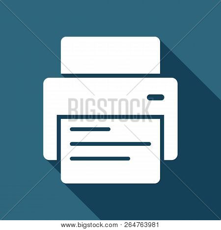 Printer And Paper. White Flat Icon With Long Shadow On Background