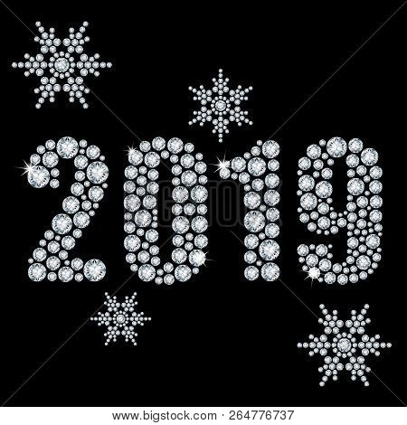 The Crystals 2019 Year From Diamond On A Black Background And Snowflakes