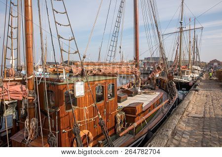 Holbaek, Denmark - October 2018: Beautiful Old Sail Boats Lying At The Bay In Holbaek, A Small Town 