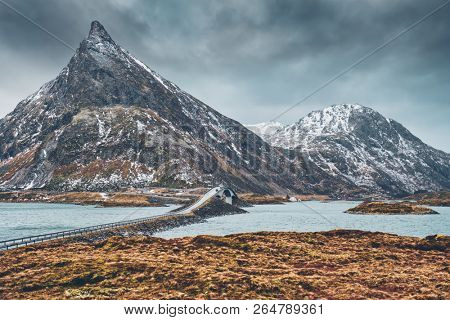 Fredvang Bridges in winter. Lofoten islands, Norway