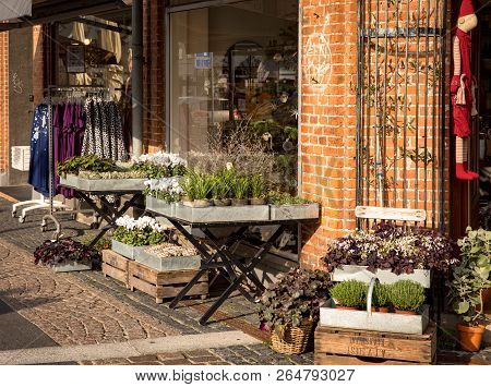 Holbaek, Denmark - October 2018: Farvehjornet Is A Beautiful Gift And Flower Shop In Holbaek, A Smal
