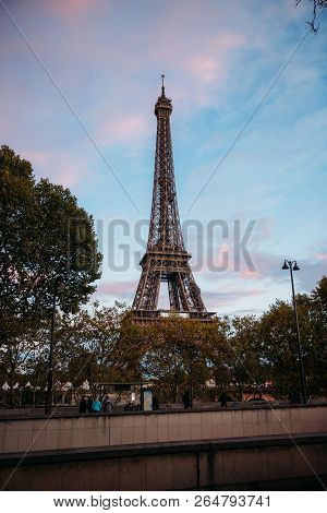 Eiffel Tower In The Twilight. Autumn Sunset