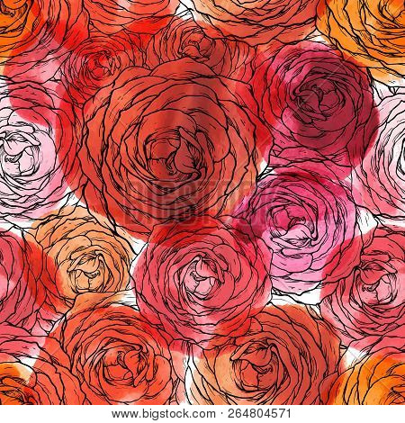 Rose Seamless Pattern. Floran Background, Watercolor Illustration