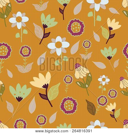 Folk Brown Blue Pink Flowers Seameless Repeat. Great For Invitations, Fabric, Wallpaper, Giftwrap, S