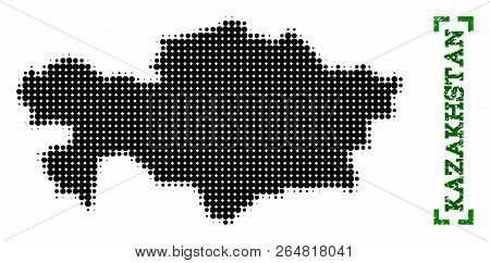 Halftone Map Of Kazakhstan And Corroded Caption. Vector Green Title With Corners And Corroded Rubber