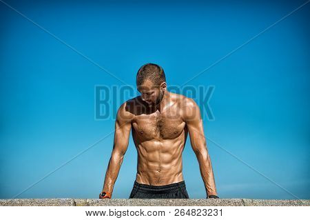 Guy Motivated Workout. Sportsman Improves His Strength By Push Up Exercise. Push Ups Challenge. Impr