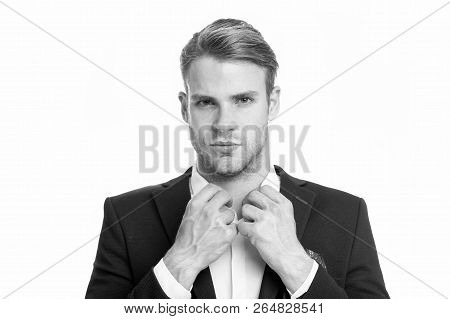 White Collar Worker. Man Well Groomed Buttoning White Collar Elegant Formal Suit Isolated White Back