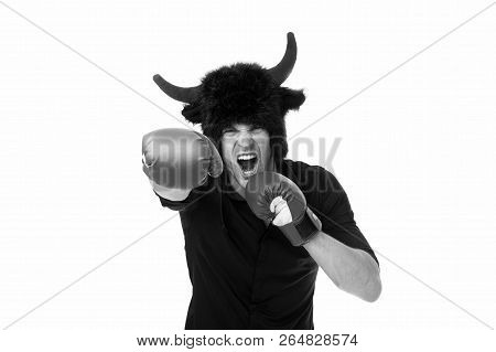 Aggression And Masculinity. Man Horns As Devil Or Bull Aggressive Threaten Violence Gonna Punch You.