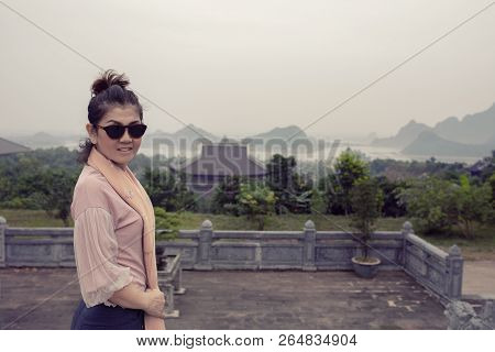 Asian Tourist Toothy Smiling Face Happiness Emotion In Chua Bai Dinh Temple One Of Most Popular  Tra