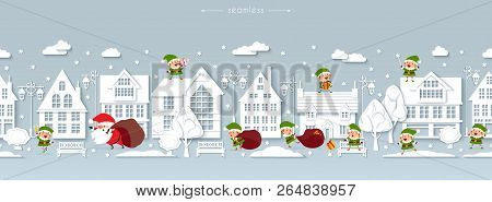 Seamless Christmas Border, Winter Street, Scandinavian Style White Paper Buildings With Funny Santa 