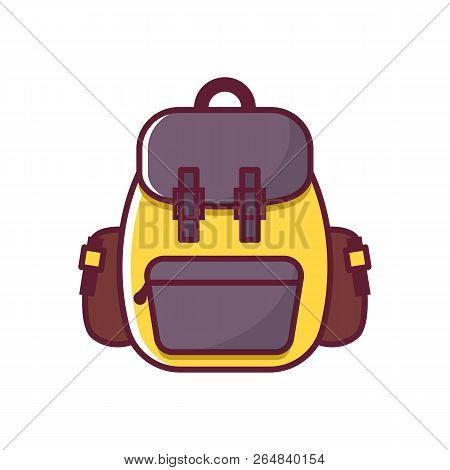 Vector Illustration With Cartoon Flat Backpack And Sport Suitcase. Flat School Backpack. Mountain To
