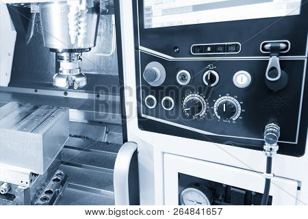 The  Cnc Milling Machine Cutting The Mold Part With The Face-mill Tool.the Hi-technology Manufacturi
