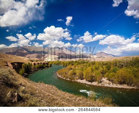 Landscape Of Colored Mountain Near Kokemeren River, Djumgal, Kyrgyzstan