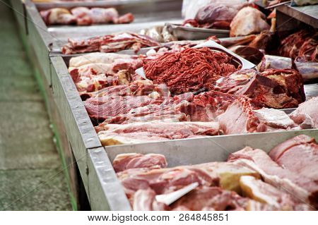 Meat Shop: Pieces Of Meat, Ribs, Bones And Minced Meat In The Store. Raw Food.