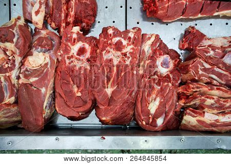 Meat Tenderloin On The Counter Of The Store. Food