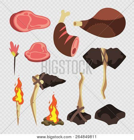 Cartoon Neolithic Tools And Meats, Weapons Isolated On Transparent Background